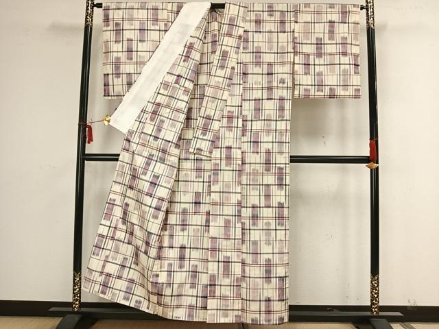 平和屋着物▽上質な紬 単衣 格子 正絹 逸品 AAAZ9088fy