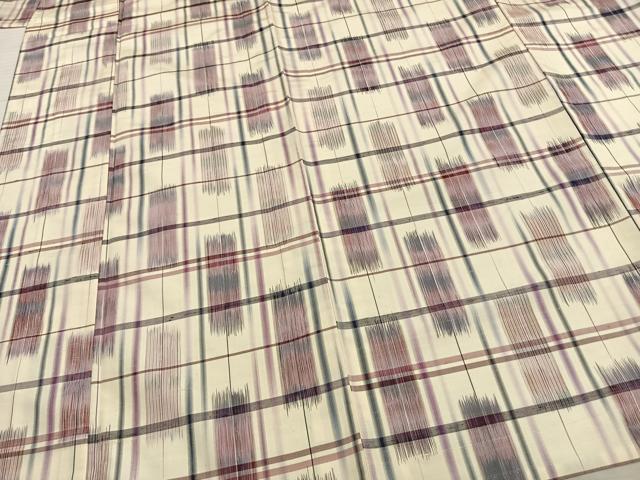 平和屋着物▽上質な紬 単衣 格子 正絹 逸品 AAAZ9088fy