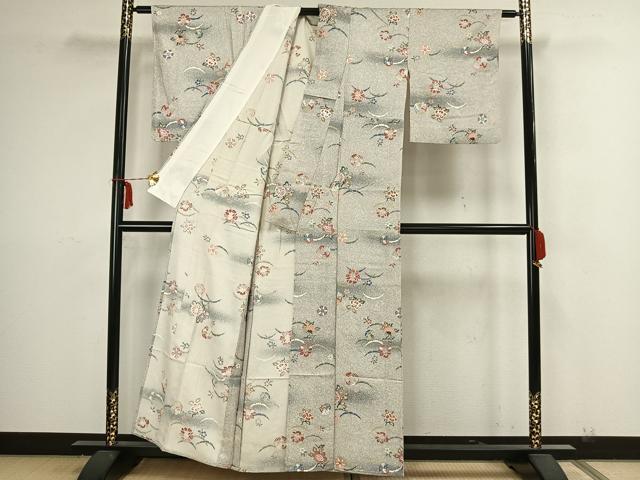 平和屋着物▽上質な小紋 単衣 草花雪芝文 暈し染め 銀彩 正絹 逸品 AAAZ9134fy
