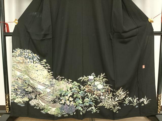 平和屋着物▽豪華黒留袖 単衣 友禅 作家物 風景枝花文 黒地 正絹 逸品 AAAZ9141fy