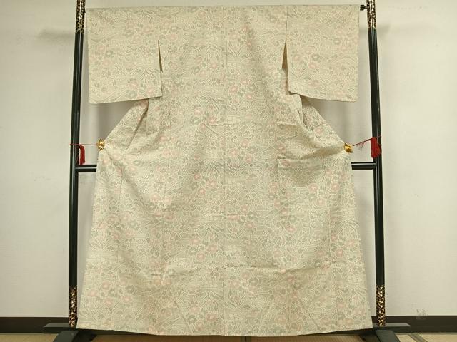 平和屋着物▽本塩沢 単衣 草花文 正絹 逸品 AAAZ9144fy