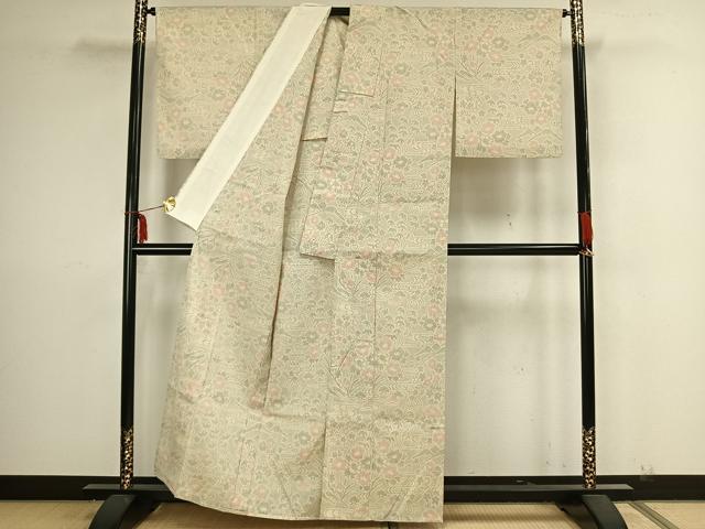 平和屋着物▽本塩沢 単衣 草花文 正絹 逸品 AAAZ9144fy