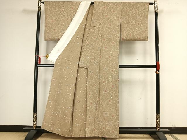 平和屋着物▽上質な小紋 単衣 草花文 鬼しぼ縮緬 正絹 逸品 AAAZ9152fy