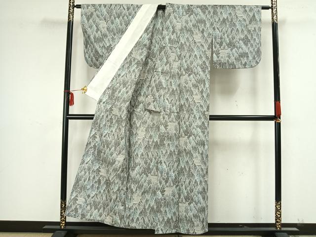 平和屋着物▽米琉紬 単衣 風景樹林文 証紙付き 正絹 逸品 AAAZ9158fy