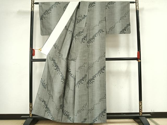 平和屋着物▽上質な紬 単衣 草葉文 反端付き 正絹 逸品 AAAZ9161fy