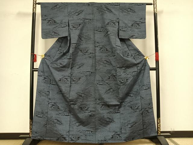 平和屋着物▽上質な紬 単衣 風景文 正絹 逸品 AAAZ9168fy