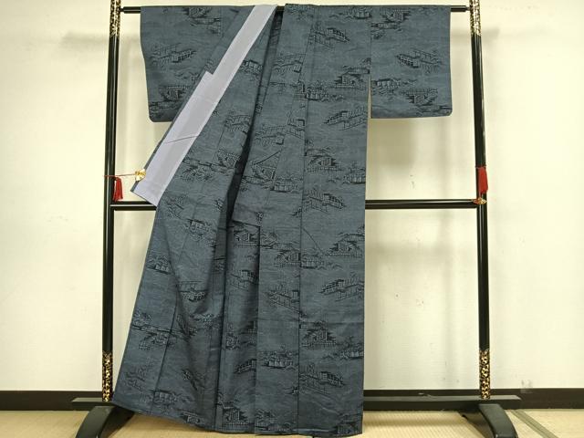 平和屋着物▽上質な紬 単衣 風景文 正絹 逸品 AAAZ9168fy