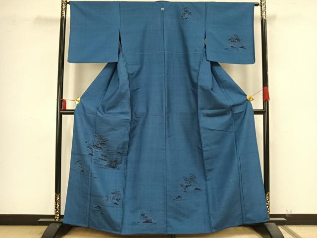 平和屋着物▽訪問着 単衣 紬地 型染め 風景文 正絹 逸品 AAAZ9176fy