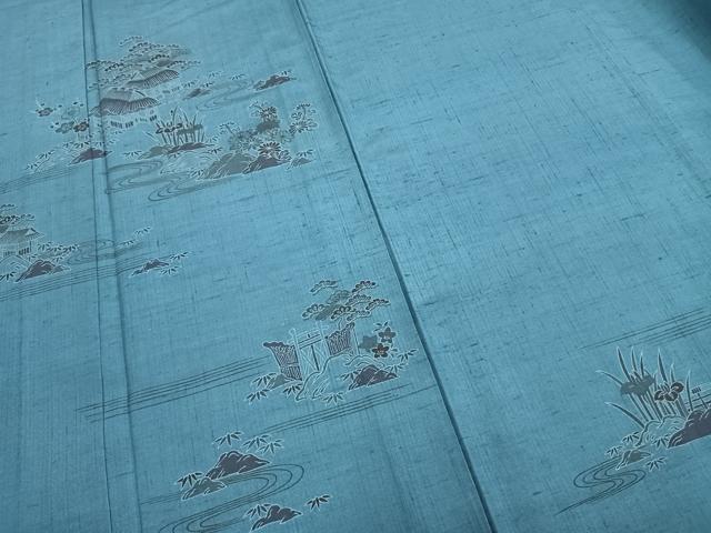 平和屋着物▽訪問着 単衣 紬地 型染め 風景文 正絹 逸品 AAAZ9176fy