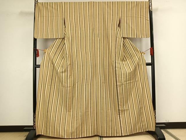 平和屋着物▽上質な紬 単衣 縞 正絹 逸品 AAAZ9195fy
