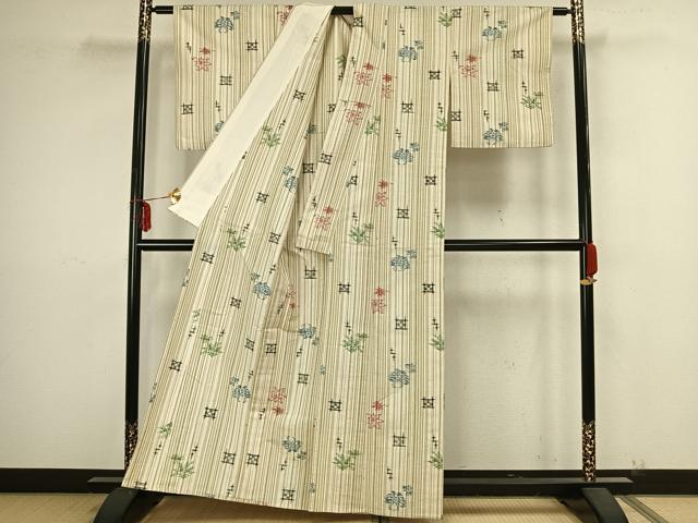 平和屋着物▽上質な紬 単衣 舞花文 正絹 逸品 AAAZ9196fy