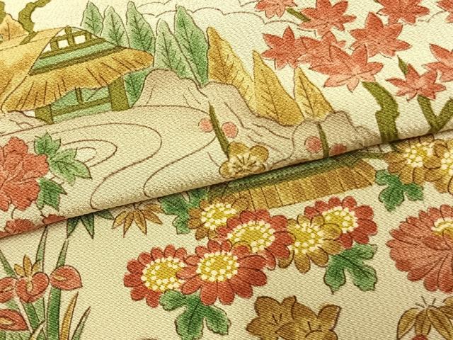 平和屋着物▽上質な小紋 単衣 風景花文 正絹 逸品 AAAZ9211fy