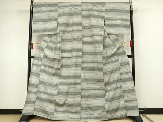 平和屋着物▽上質な紬 単衣 刺繍 横縞 正絹 逸品 AAAZ9223fy