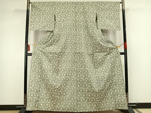 平和屋着物▽上質な紬 単衣 草花文 正絹 逸品 AAAZ9228fy