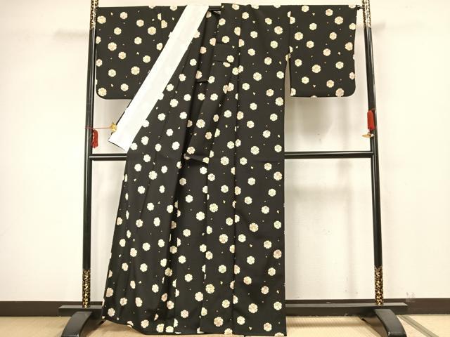 平和屋着物▽小紋 単衣 雪輪花文 黒地 洗える着物 AAAZ9262fy