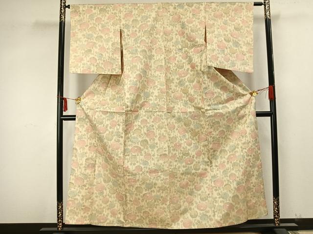 平和屋着物▽上質な紬 単衣 草花文 正絹 逸品 AAAZ9263fy