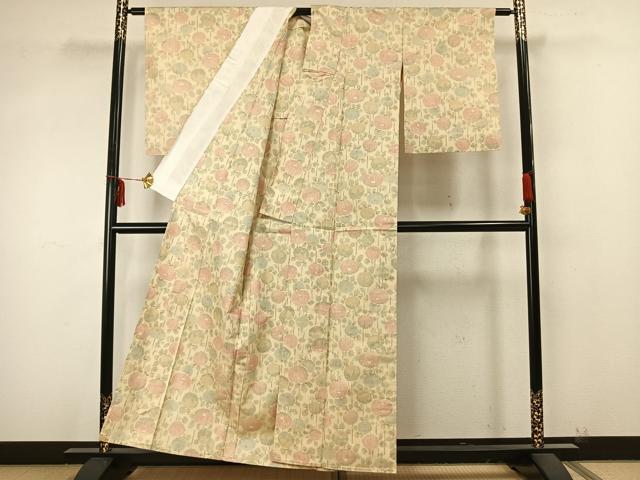 平和屋着物▽上質な紬 単衣 草花文 正絹 逸品 AAAZ9263fy