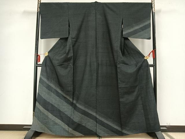 平和屋着物▽訪問着 単衣 紬地 斜縞 黒地 正絹 逸品 AAAZ9270fy