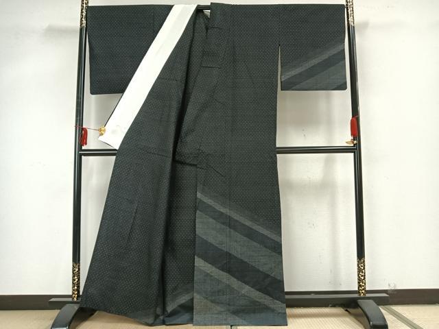 平和屋着物▽訪問着 単衣 紬地 斜縞 黒地 正絹 逸品 AAAZ9270fy