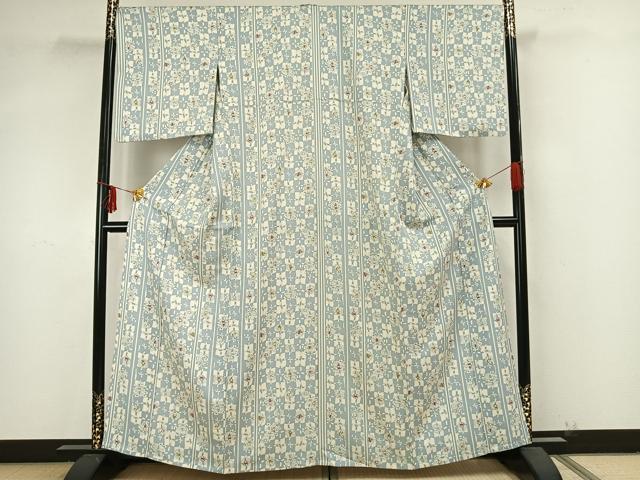 平和屋着物▽上質な小紋 単衣 市松花文 正絹 逸品 AAAZ9272fy