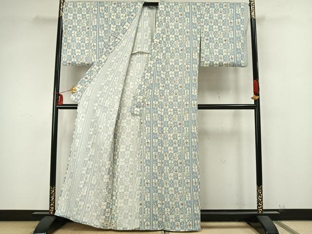 平和屋着物▽上質な小紋 単衣 市松花文 正絹 逸品 AAAZ9272fy
