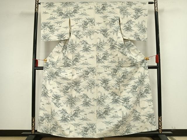 平和屋着物▽真綿結城紬 単衣 風景文 反端付き 正絹 逸品 未使用 AAAZ9297fy