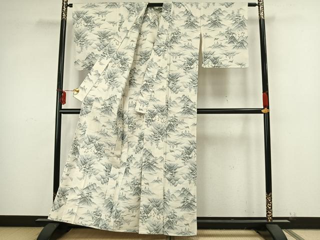 平和屋着物▽真綿結城紬 単衣 風景文 反端付き 正絹 逸品 未使用 AAAZ9297fy