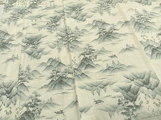 平和屋着物▽真綿結城紬 単衣 風景文 反端付き 正絹 逸品 未使用 AAAZ9297fy
