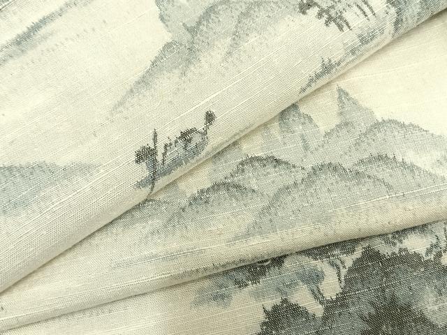 平和屋着物▽真綿結城紬 単衣 風景文 反端付き 正絹 逸品 未使用 AAAZ9297fy