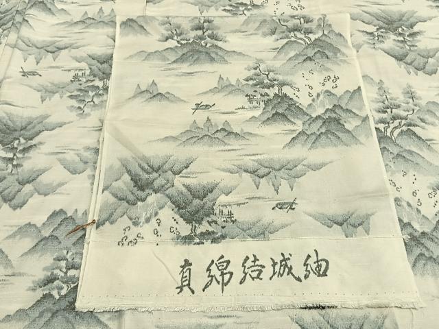 平和屋着物▽真綿結城紬 単衣 風景文 反端付き 正絹 逸品 未使用 AAAZ9297fy