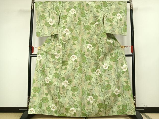 平和屋着物▽上質な紬 単衣 草花文 正絹 逸品 AAAZ9298fy