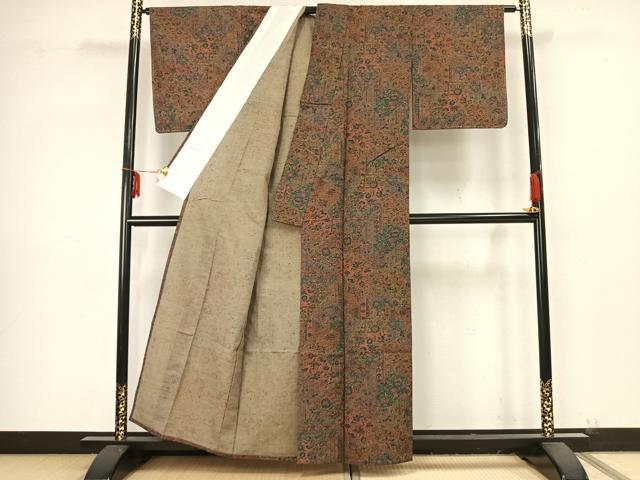 平和屋着物▽民芸結城紬 単衣 切嵌花文 証紙付き 正絹 逸品 未使用 AAAZ9309fy