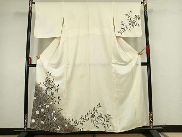 平和屋着物▽訪問着 単衣 草花文 銀彩 正絹 逸品 AAAZ9312fy