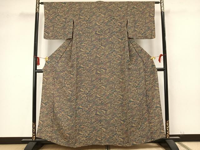 平和屋着物▽上質な小紋 単衣 型染め 風景草花文 鬼しぼ縮緬 正絹 逸品 AAAZ9349fy