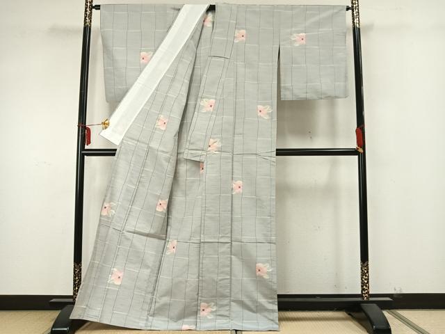 平和屋着物▽上質な紬 単衣 格子草花文 正絹 逸品 AAAZ9351fy