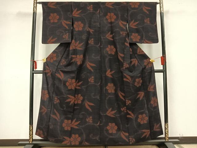 平和屋着物▽結城ちぢみ 単衣 花唐草文 正絹 逸品 AAAZ9352fy