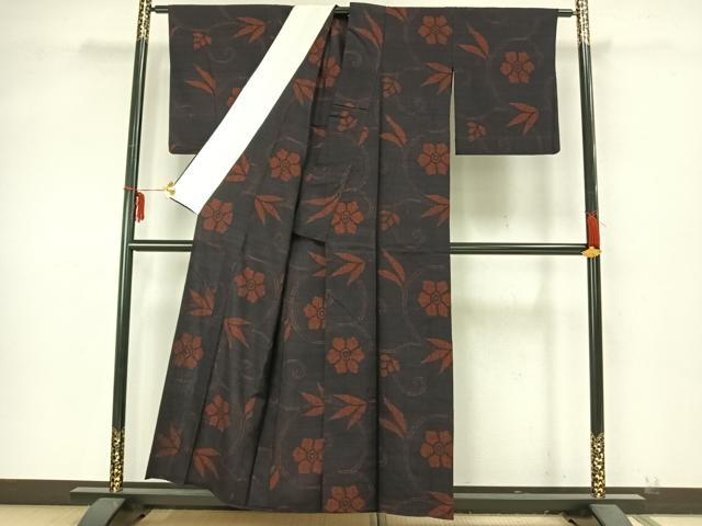 平和屋着物▽結城ちぢみ 単衣 花唐草文 正絹 逸品 AAAZ9352fy