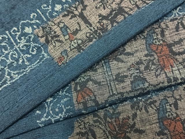 平和屋着物▽上質な紬 単衣 横段人物文 正絹 逸品 AAAZ9356fy