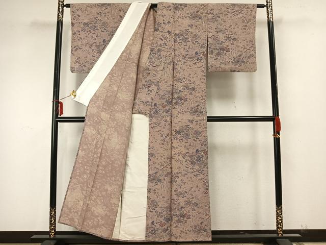 平和屋着物▽上質な小紋 単衣 風景草花文 正絹 逸品 AAAZ9357fy