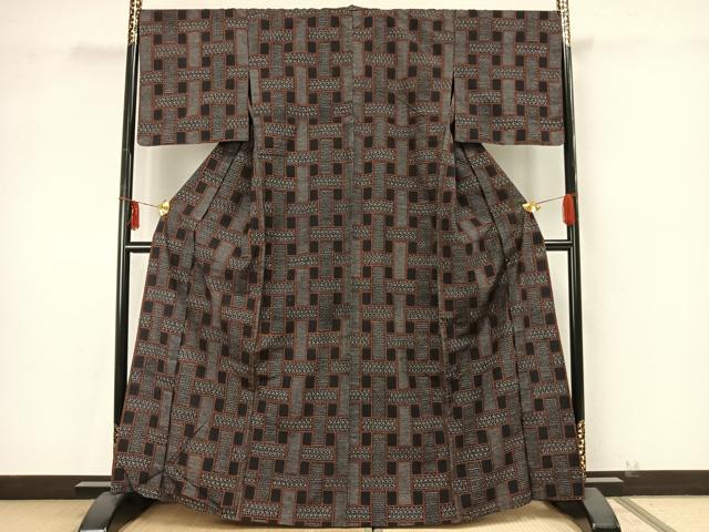 平和屋着物▽上質な紬 単衣 幾何学文 やまと誂製 正絹 逸品 未使用 AAAZ9365fy