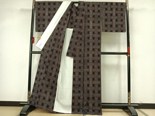 平和屋着物▽上質な紬 単衣 幾何学文 やまと誂製 正絹 逸品 未使用 AAAZ9365fy