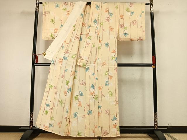 平和屋着物▽上質な小紋 単衣 枝葉文 正絹 逸品 AAAZ9377fy