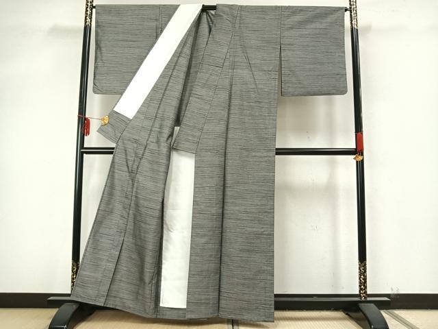 平和屋着物▽上質な紬 単衣 横縞 正絹 逸品 AAAZ9385fy