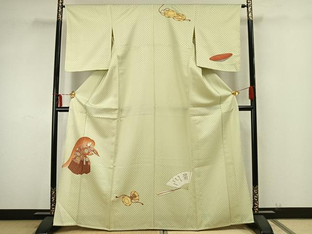 平和屋着物▽訪問着 単衣 扇面人物文 鼓 金銀彩 金通し地 正絹 逸品 AAAZ9393fy