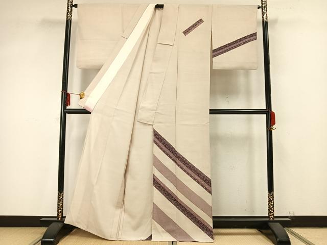 平和屋着物▽訪問着 単衣 紬地 斜縞花唐草文 正絹 逸品 AAAZ9399fy