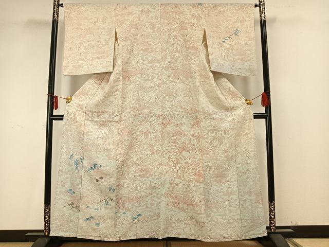 平和屋着物▽訪問着 単衣 刺繍 風景草花文 正絹 逸品 AAAZ9401fy