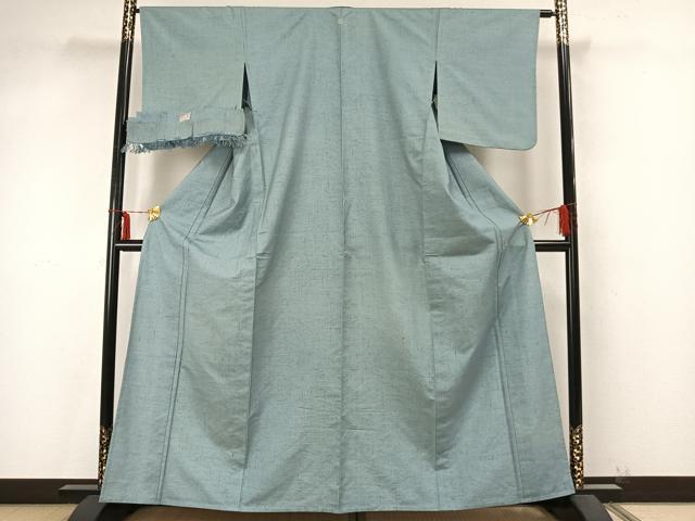 平和屋着物▽本加賀友禅作家 談義所栄二 紬 単衣 色無地 千草色 反端付き 正絹 逸品 AAAZ9412fy