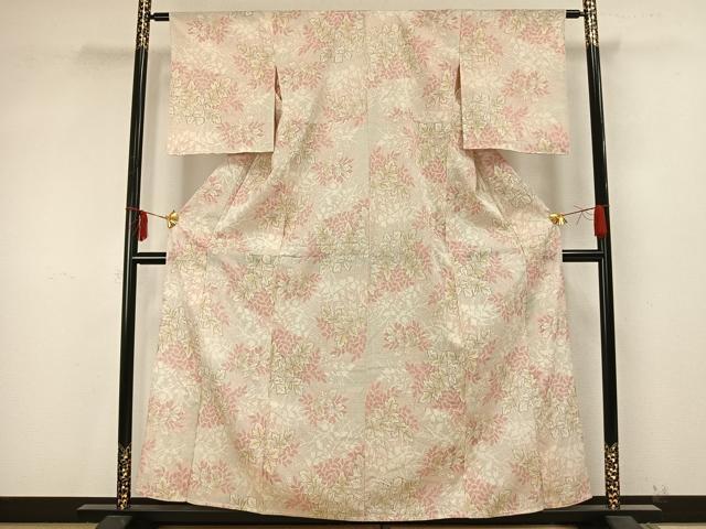 平和屋着物▽本塩沢 単衣 舞葉文 反端付き 正絹 逸品 AAAZ9429fy