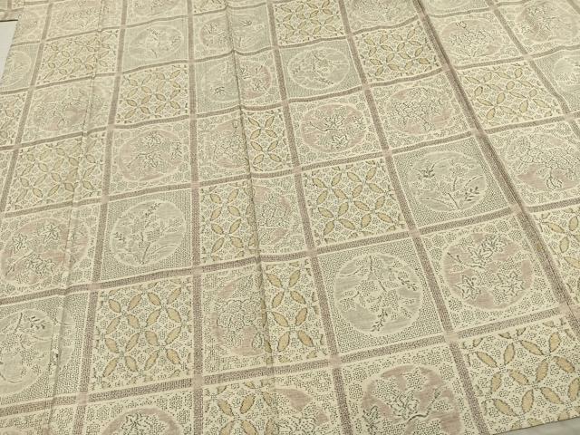 平和屋着物▽本場結城紬 重要無形文化財 単衣 100亀甲 色紙草花文 正絹 逸品 AAAZ9434fy