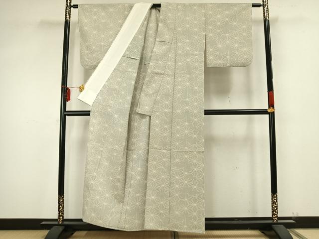平和屋着物▽お召 単衣 麻の葉文様 反端付き 正絹 逸品 AAAZ9441fy